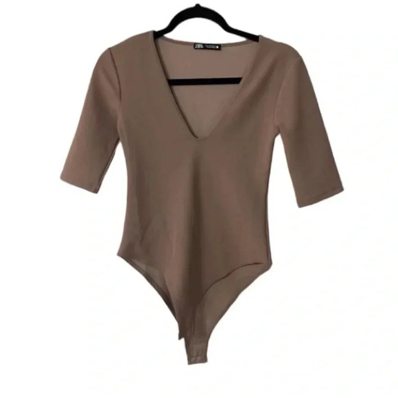 Zara Buttoned V-Neck Bodysuit Women's Brown Short Sleeve Size S GUC - Picture 1 of 9